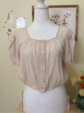 MIXXO Crinkle Puff Sleeve Button Front Crop Blouse Korean Cottagecore S